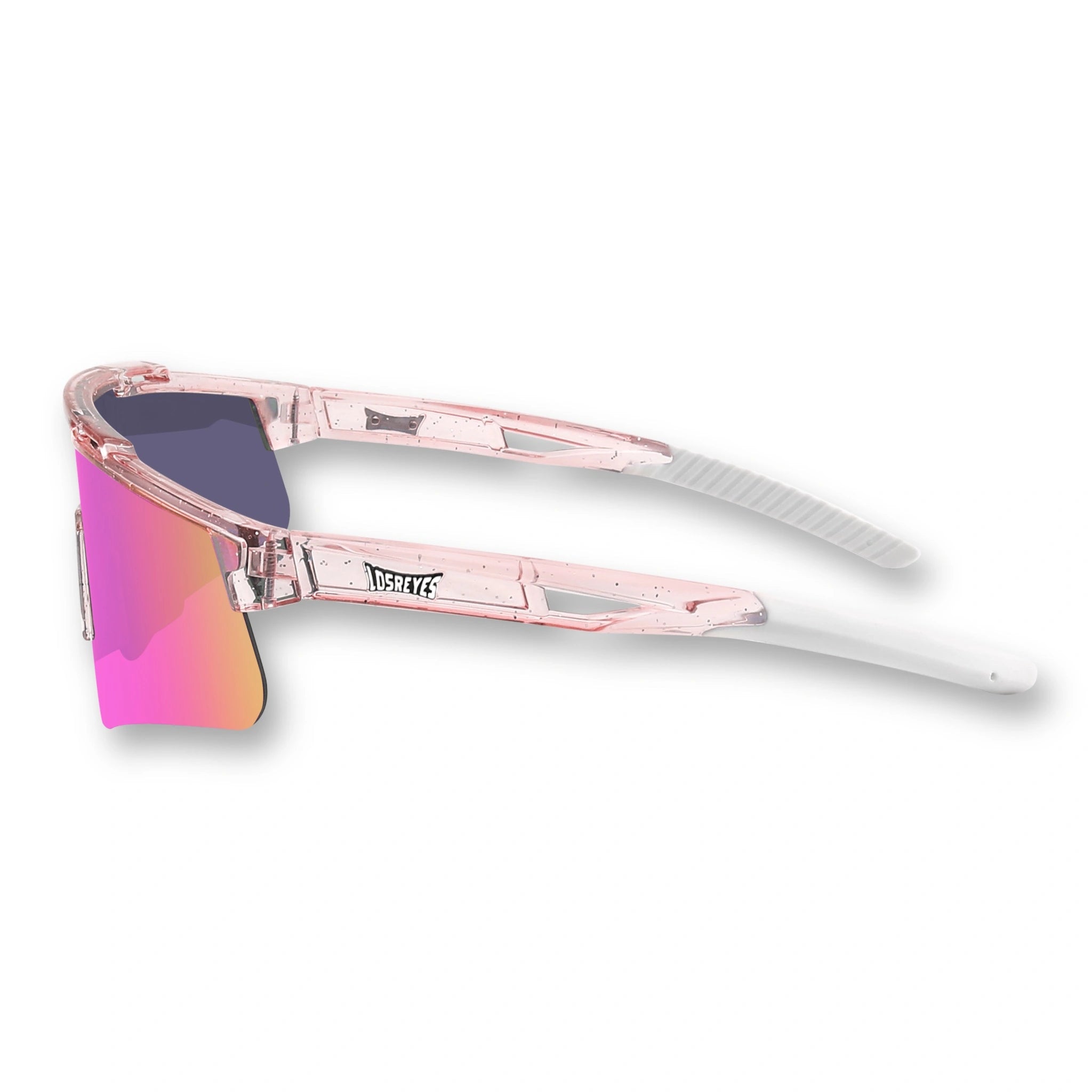Side profile of LosReyes Prime Galaxy Venus sunglasses with a sleek clear frame and pink mirrored lenses built for training, baseball, and active performance.