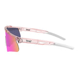 Side profile of LosReyes Prime Galaxy Venus sunglasses with a sleek clear frame and pink mirrored lenses built for training, baseball, and active performance.