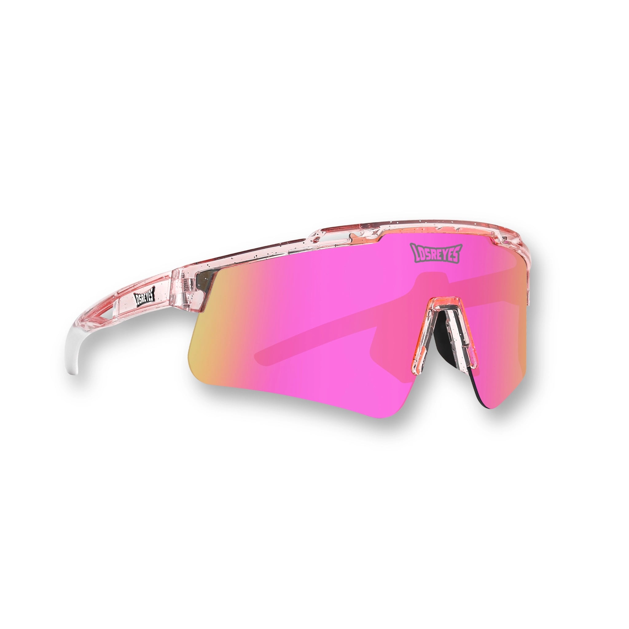 Hero angle of LosReyes Prime Galaxy Venus pink mirrored sports sunglasses featuring a wraparound shield lens, clear translucent frame, and UV400 sun protection for training, running, and athletic performance