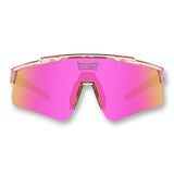 Front view of LosReyes Prime Galaxy Venus sunglasses in pink featuring a mirrored shield lens, clear performance frame, and UV400 wraparound protection for sports.