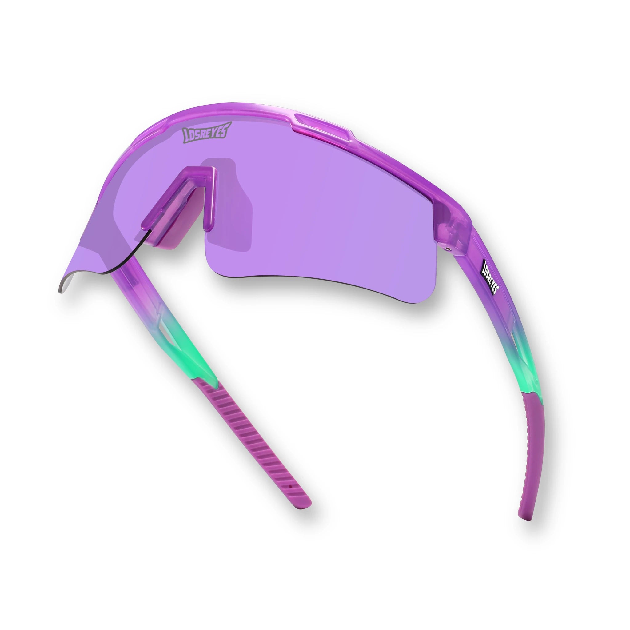 Hero angle of LosReyes Prime Jurassic Brontosaurus purple performance sunglasses with mirrored wrap lens, ombré green-to-pink temple arms, and aerodynamic shield design for elite training, baseball, and cycling.