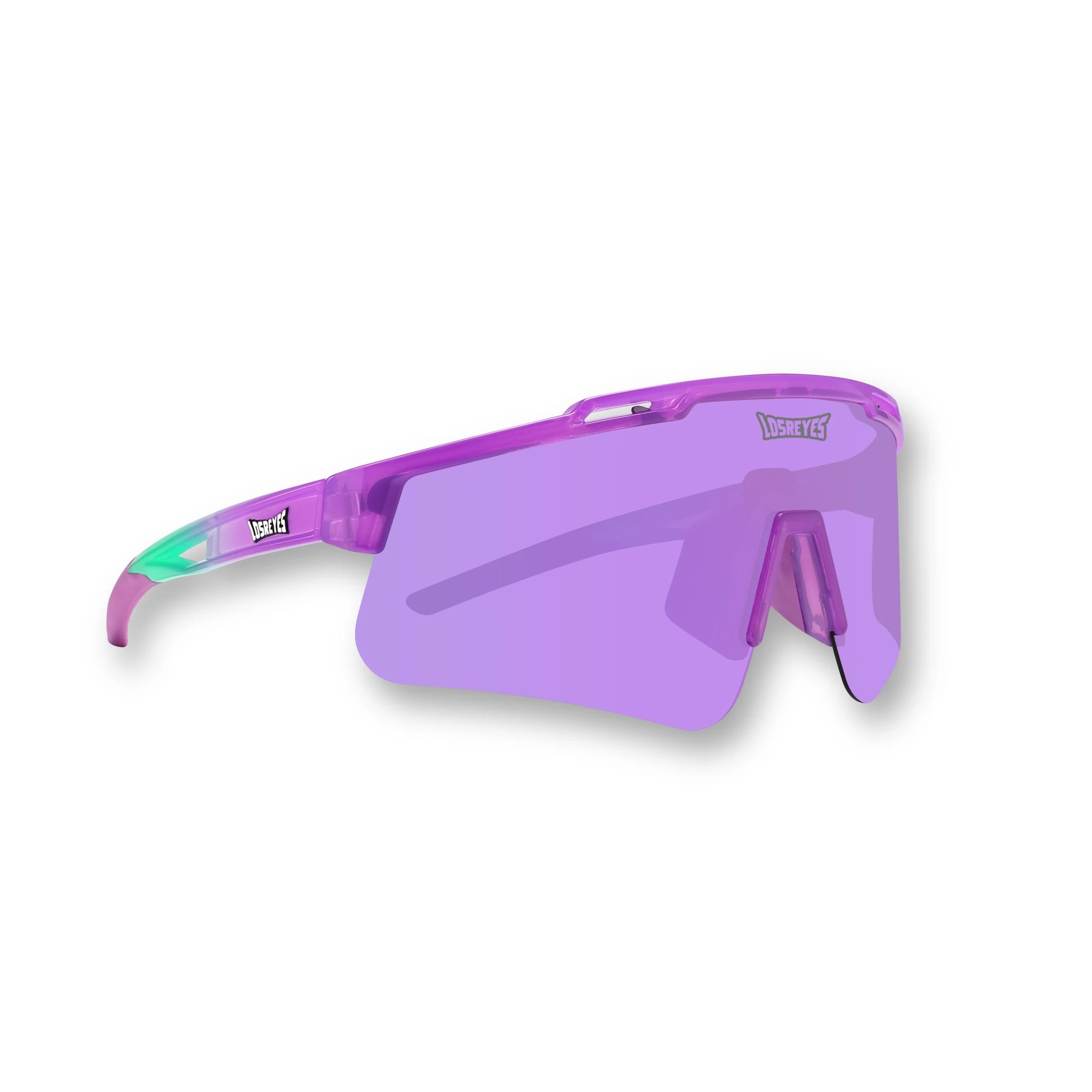 Hero angle of LosReyes Prime Jurassic Brontosaurus sports sunglasses featuring a vibrant translucent purple frame, wide purple wraparound shield lens, aerodynamic design, and UV400 protection for dynamic athletic performance and sun defense