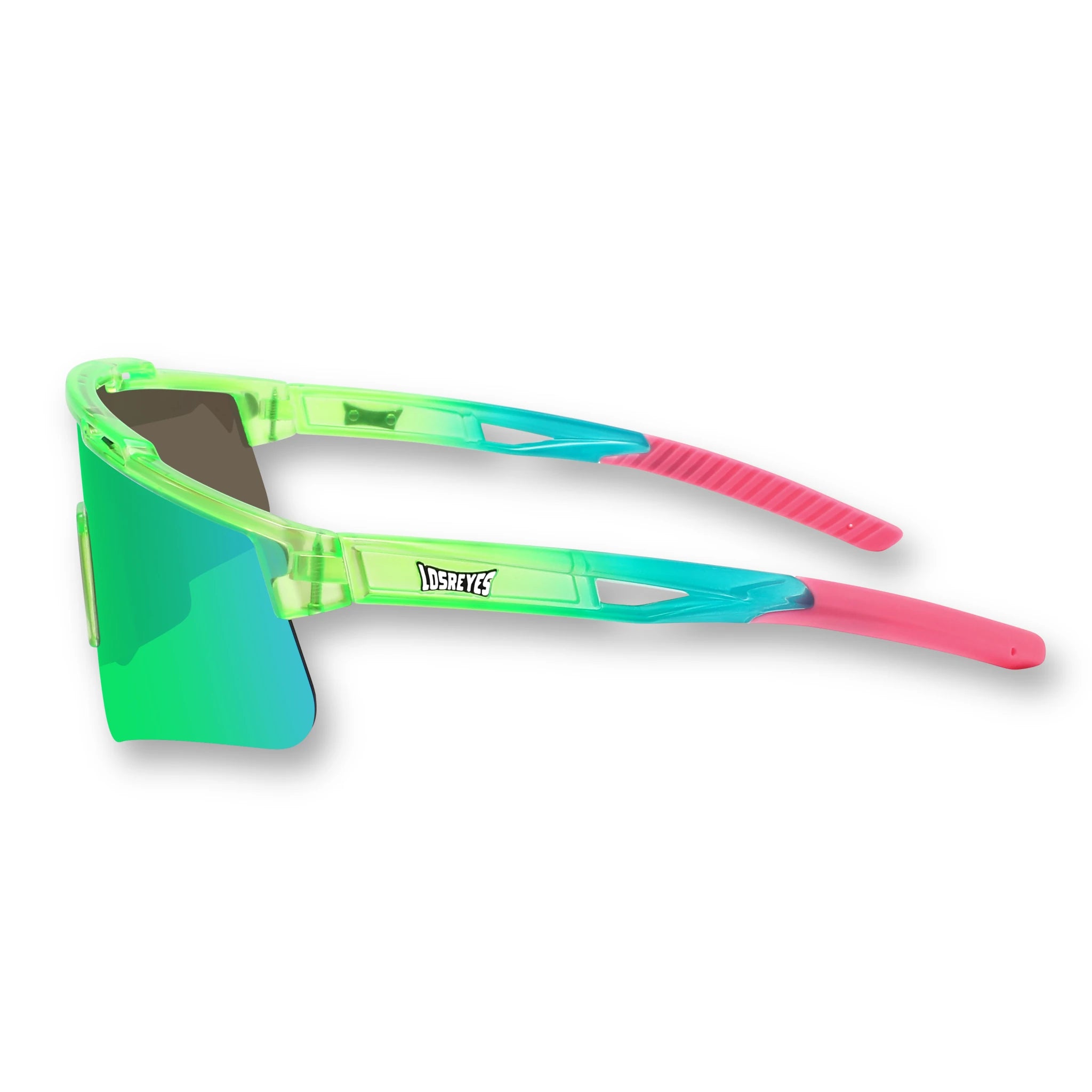 Side profile of LosReyes Prime Jurassic Pterodactyl sport wraparound sunglasses showing fade-blend temples, mirrored UV lens, and sculpted arms built for speed and comfort.