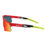 Side profile of LosReyes Prime Jurassic T-Rex red shield sunglasses showing curved sport temples, gradient lens reflection, and ventilation-ready frame for intense outdoor play.