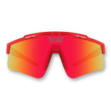 Front view of LosReyes Prime Jurassic T-Rex red sport sunglasses with bright red mirrored shield lenses, aerodynamic frame, and UV400 protection for baseball, cycling, and training.