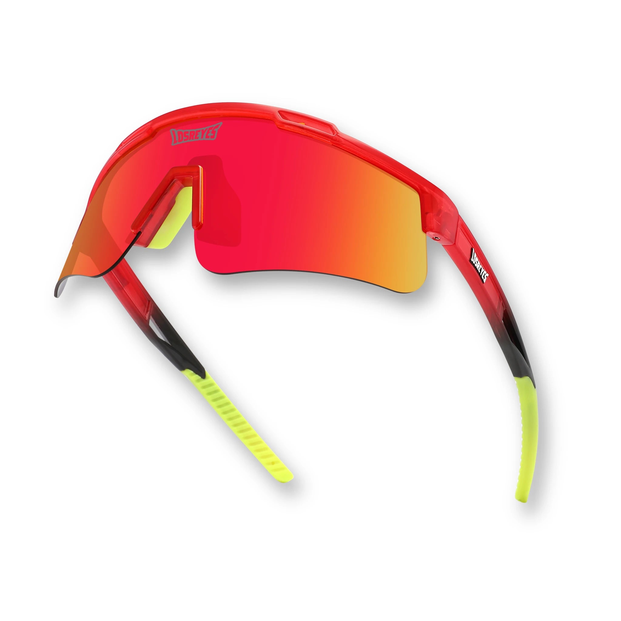 Hero angle of LosReyes Prime Jurassic T-Rex sunglasses in red with wraparound shield design, high-performance mirrored lens, and anti-slip grips for athletic versatility.