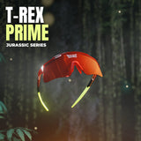Promotional image of LosReyes Prime Jurassic T-Rex red sports sunglasses hovering in a prehistoric jungle, emphasizing their fierce mirrored lens and performance-driven design.