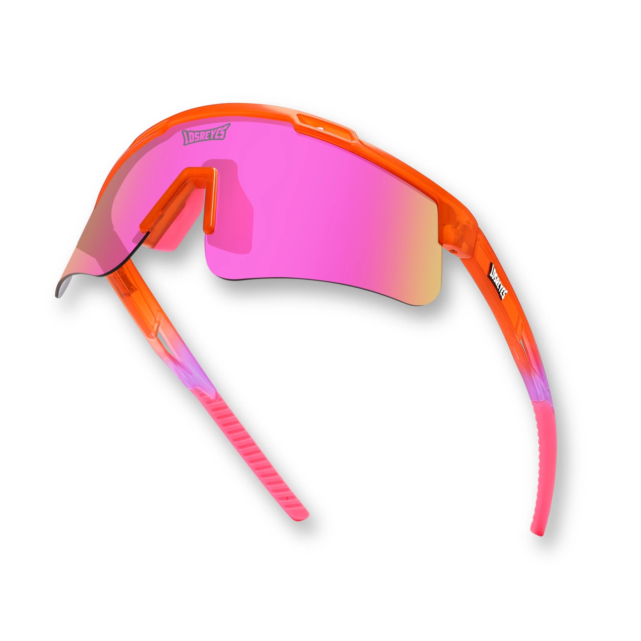 Hero angle of LosReyes Prime Jurassic Triceratops performance sunglasses with orange-pink gradient frame and mirrored wraparound lenses ideal for sports training and high-speed play.