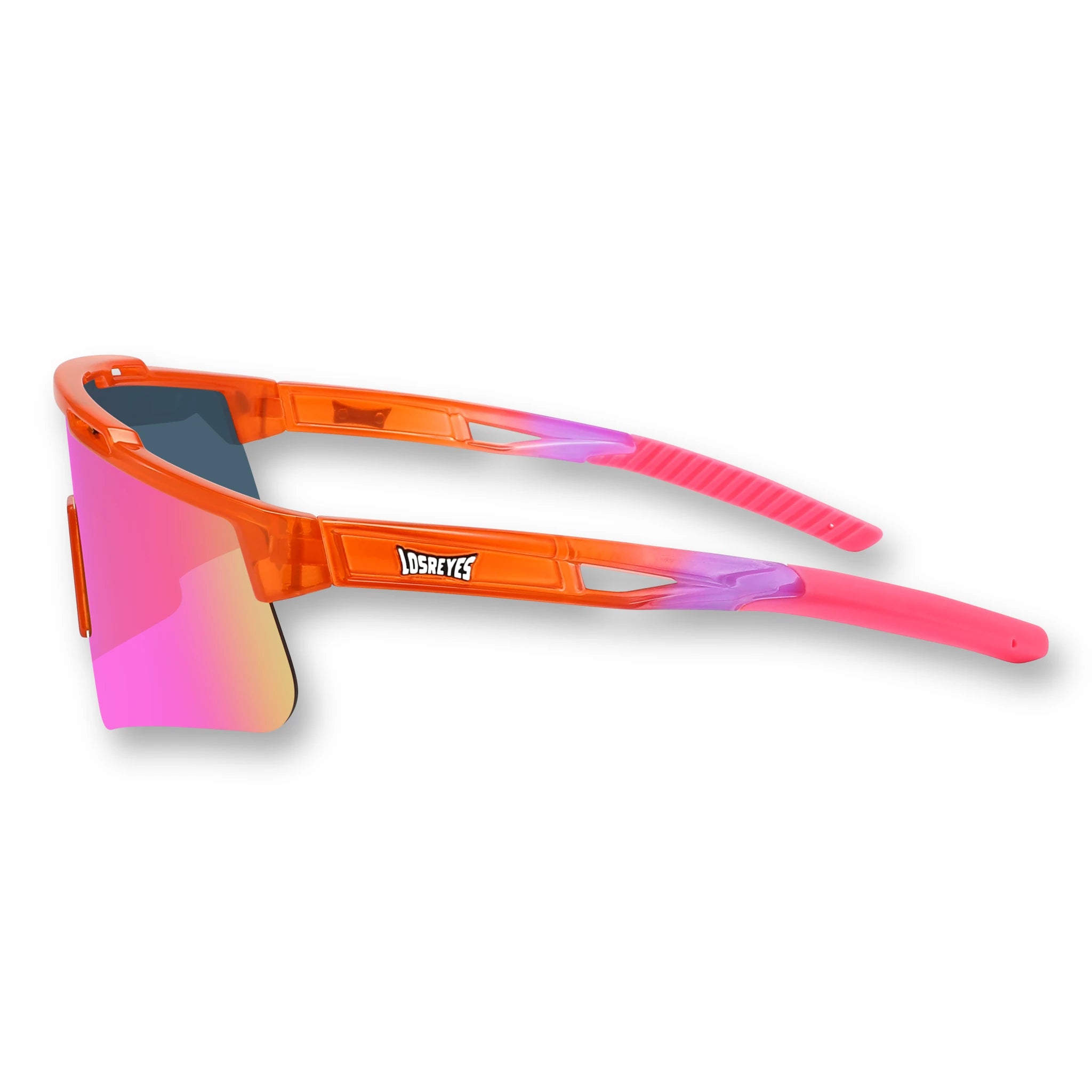 Side profile of LosReyes Prime Jurassic Triceratops sunglasses showing aerodynamic arms, lightweight construction, and high-grip tips designed for youth athletics.