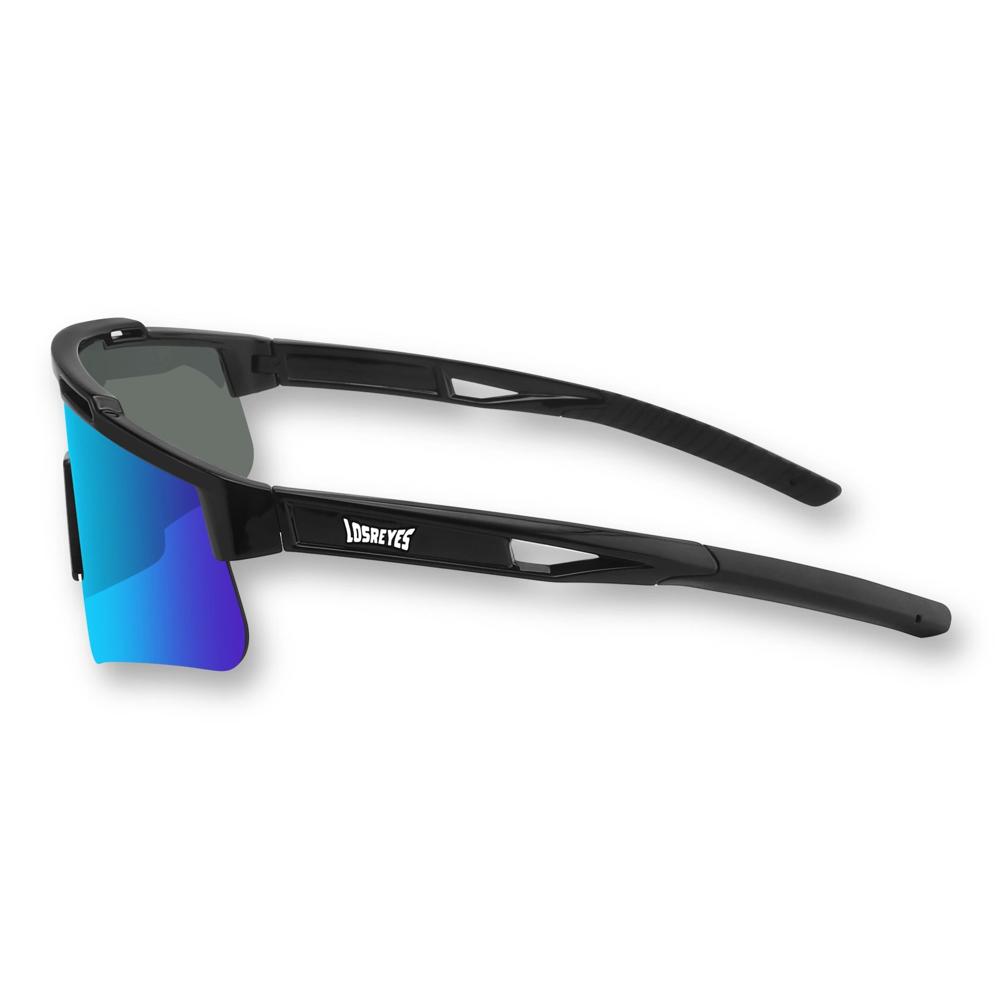 Side view of LosReyes Prime Polarized Blue wraparound sunglasses with polarized lens technology and lightweight aerodynamic black frame for training and field use.