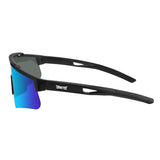 Side view of LosReyes Prime Polarized Blue wraparound sunglasses with polarized lens technology and lightweight aerodynamic black frame for training and field use.