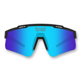 Front view of LosReyes Prime Polarized Blue sports sunglasses featuring mirrored blue shield lens, black wraparound frame, and UV400 protection for high-performance training.
