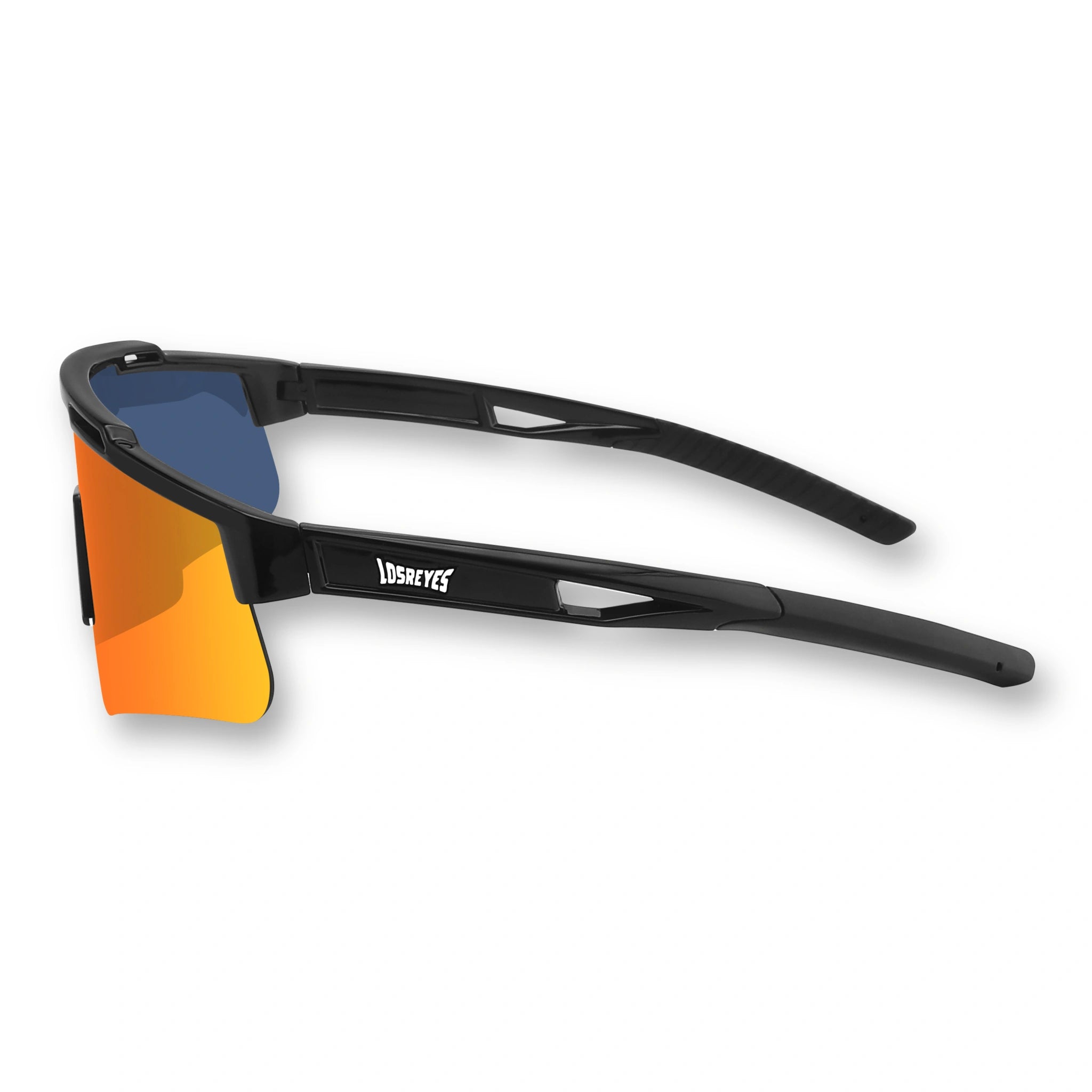 Side profile of LosReyes Prime Polarized Orange sports sunglasses featuring polarized orange mirrored lens and aerodynamic matte black arms – crafted for high-performance use in baseball, cycling, and training.
