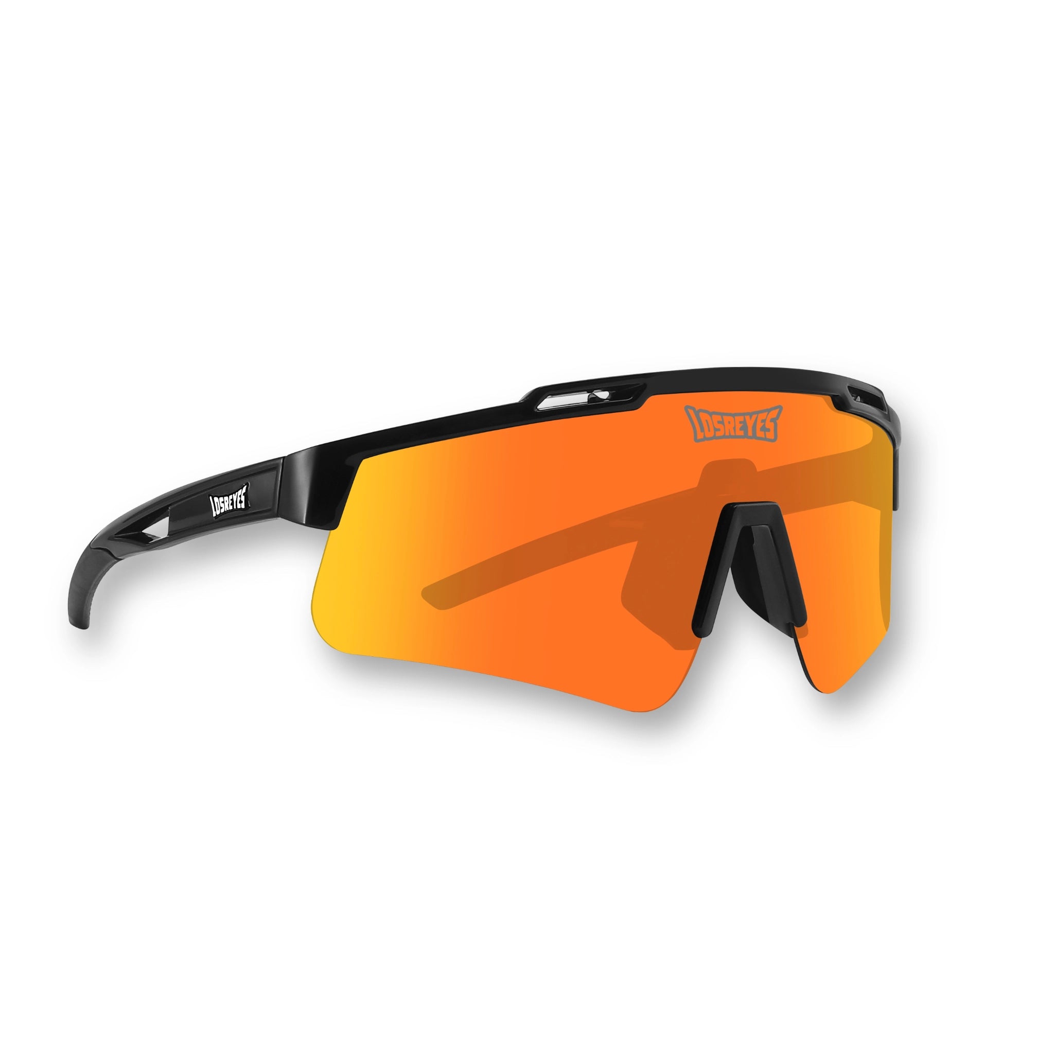 Hero angle of LosReyes Prime Polarized Orange sunglasses featuring bold mirrored orange wraparound shield lens, black sport frame, and UV400 protection for high-intensity performance and outdoor training