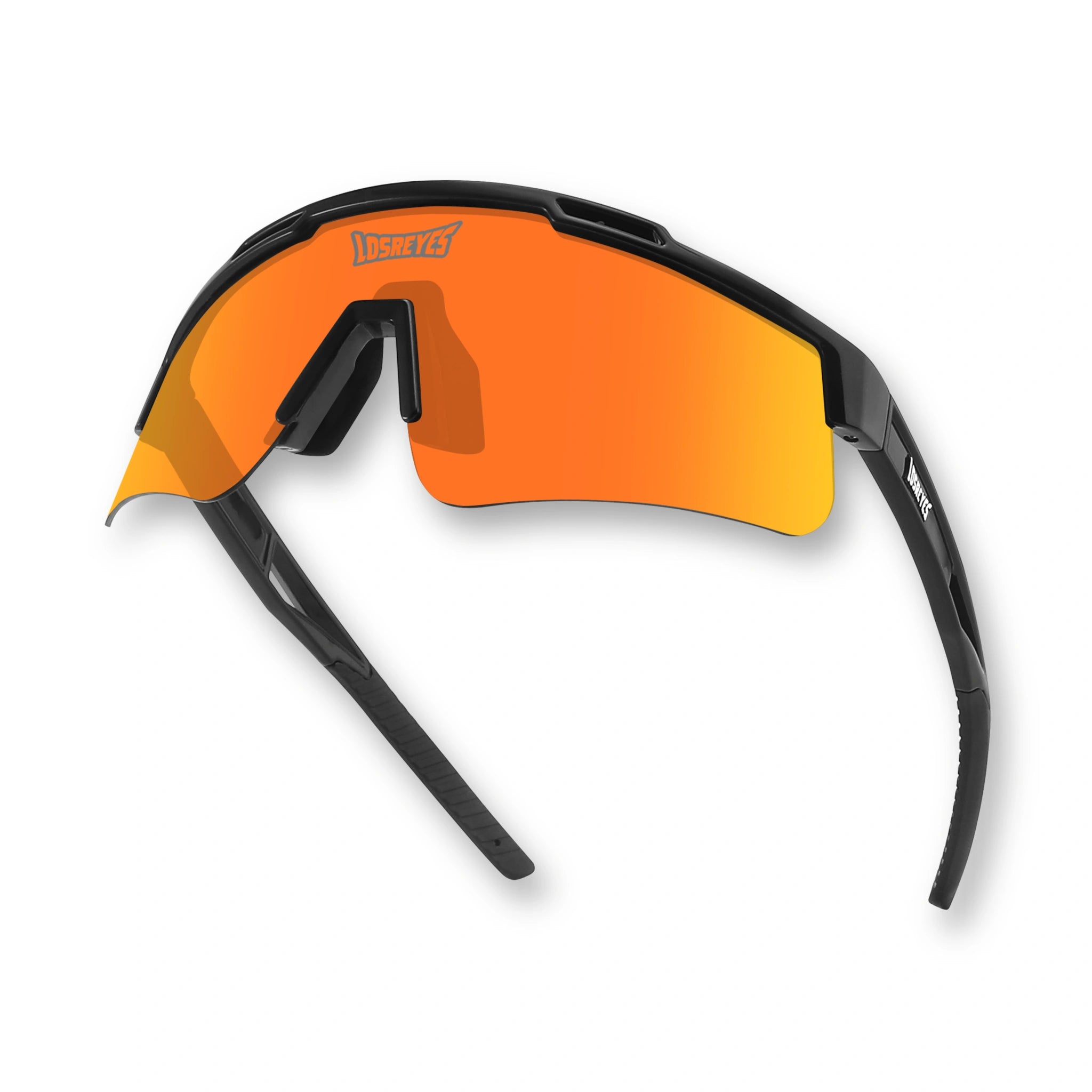 Hero angle of LosReyes Prime Polarized Orange sunglasses with polarized orange shield lens, matte black wraparound frame, and rubberized temples for peak UV protection and performance in high-speed sports.