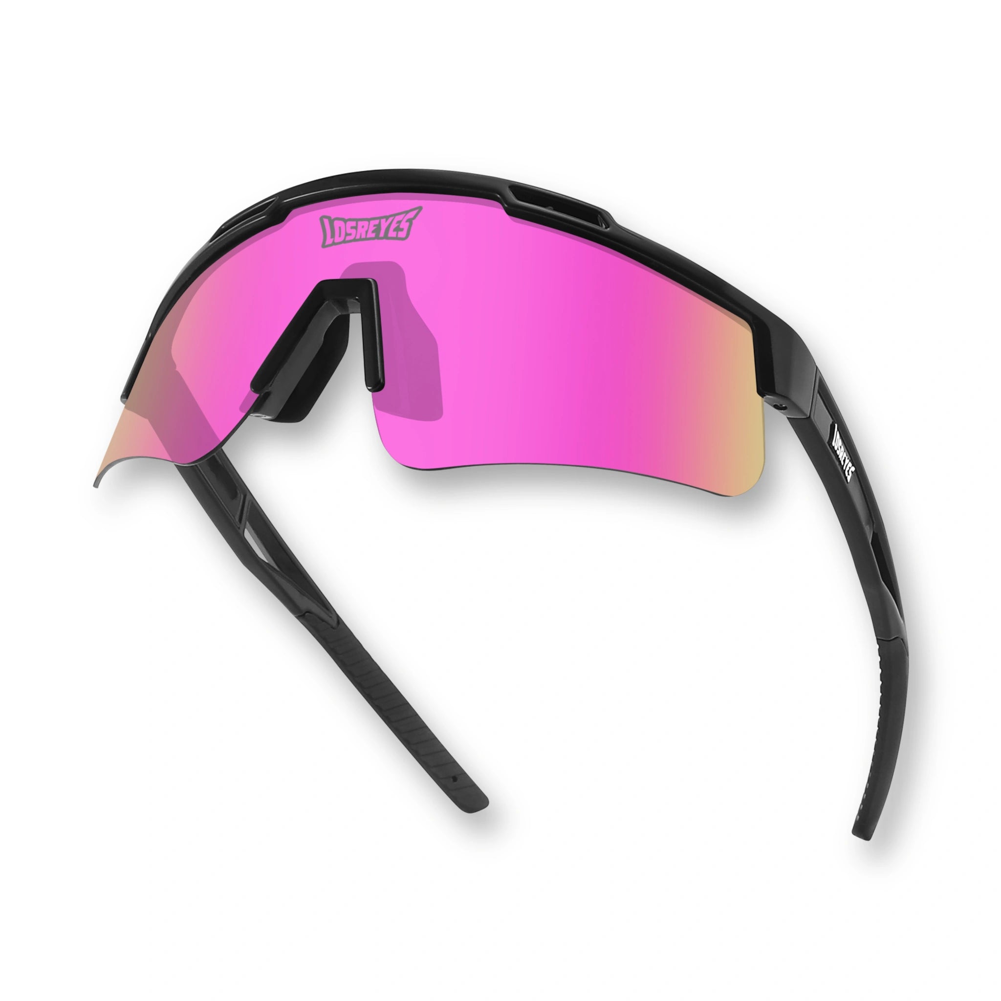 Hero angle of LosReyes Prime Polarized Pink wraparound shield sunglasses with bold pink mirrored lens, low-profile sport hinges, and UV-blocking polarized optics ideal for speed-based field sports and motion-heavy outdoor activity.