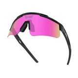 Hero angle of LosReyes Prime Polarized Pink wraparound shield sunglasses with bold pink mirrored lens, low-profile sport hinges, and UV-blocking polarized optics ideal for speed-based field sports and motion-heavy outdoor activity.