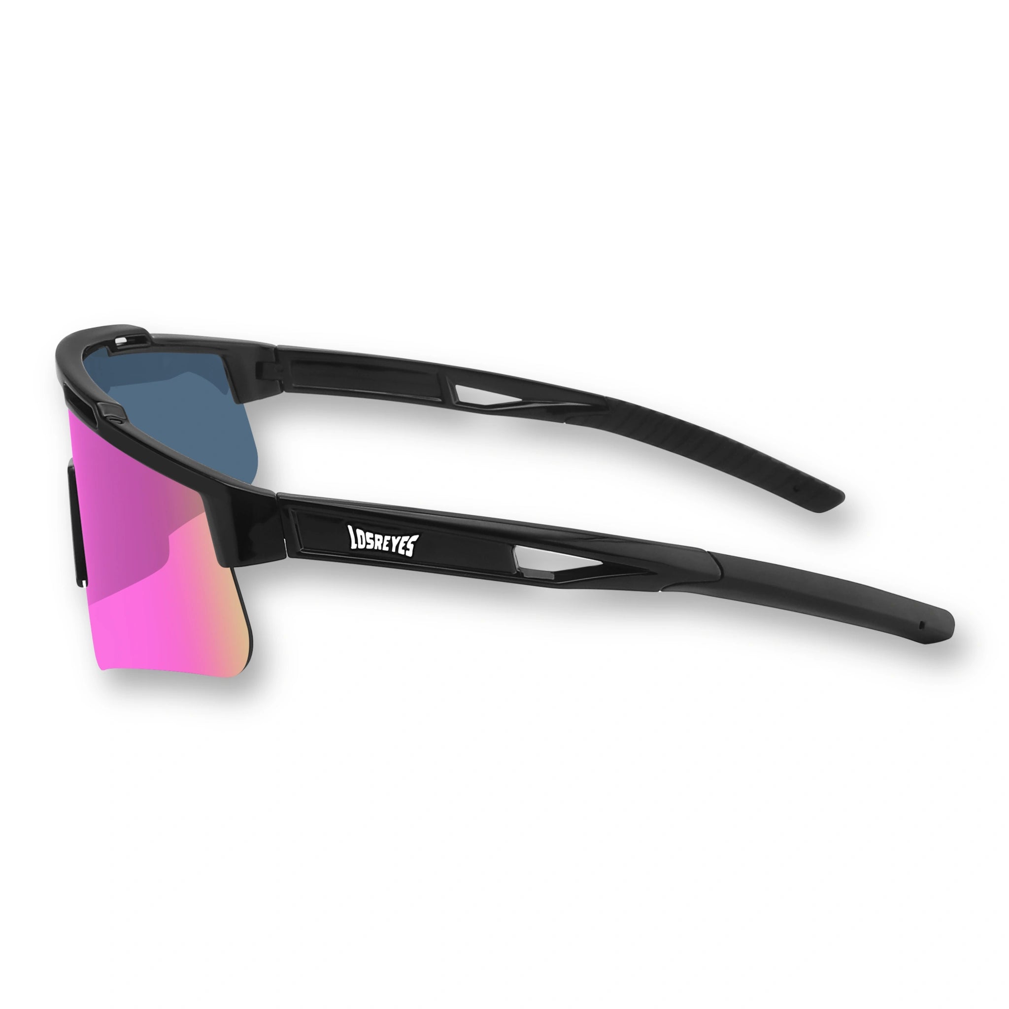 Side profile of LosReyes Prime Polarized Pink performance sunglasses featuring aerodynamic black arms, lightweight curved temples, and glare-reducing polarized lenses for running, cycling, and training under full sunlight.