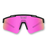 Front angle of LosReyes Prime Polarized Pink sunglasses featuring high-contrast pink mirrored lenses, full-wrap aerodynamic shield frame, and UV400 polarized protection — ideal for sports, sun, and statement style.