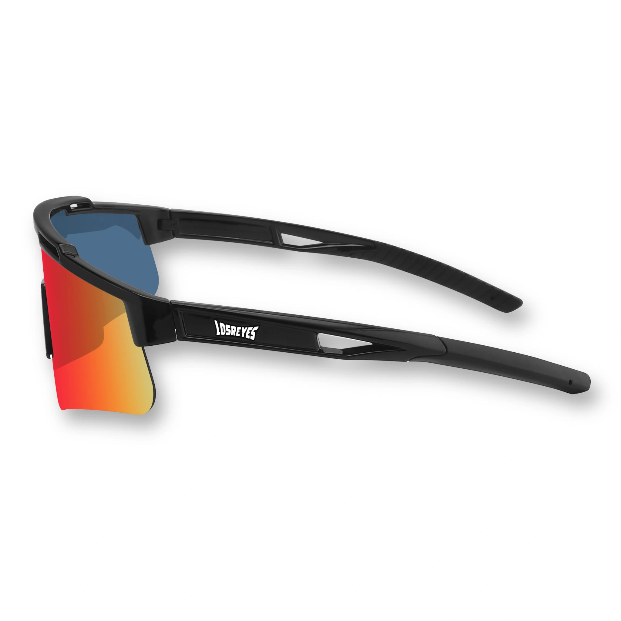 Side profile of LosReyes Prime Polarized Red athletic sunglasses showcasing ergonomic black arms, vented temple tips, and performance-grade polarized lens with full-face wrap coverage — ideal for sprinting, training, and outdoor competition.