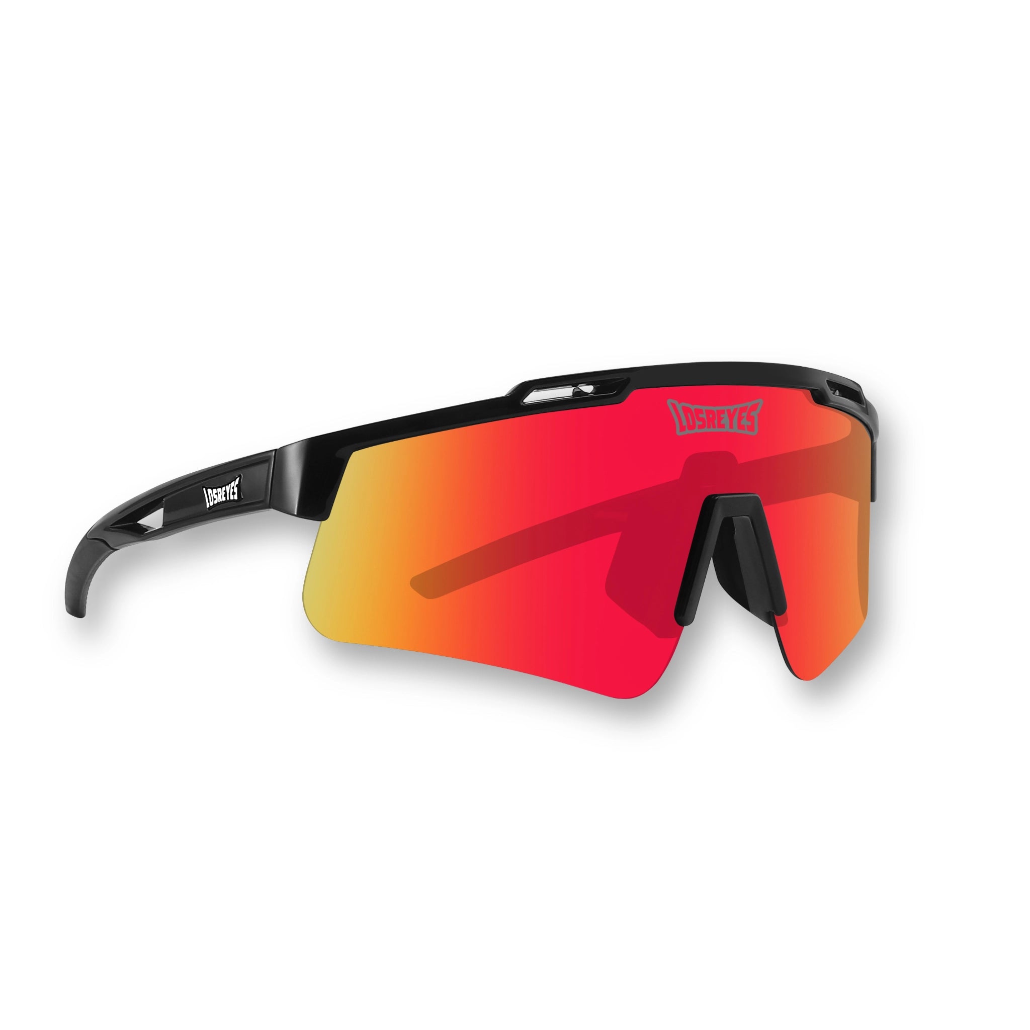 Hero view of LosReyes Prime Polarized Red sunglasses with fiery red-orange mirrored wraparound shield lens and sleek black frame, built for high-intensity athletic performance and UV400 sun protection
