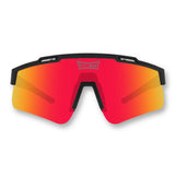 Front view of LosReyes Prime Polarized Red sports sunglasses featuring polarized red mirrored shield lens, aerodynamic matte black wrap frame, and UV400 protection engineered for cycling, baseball, and outdoor speed training.