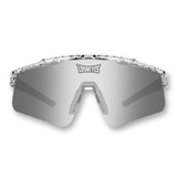 Front view of LosReyes Prime Youth Cookie black and white wraparound sports sunglasses featuring mirrored shield lenses, speckled performance frame, and UV400 full-spectrum protection.