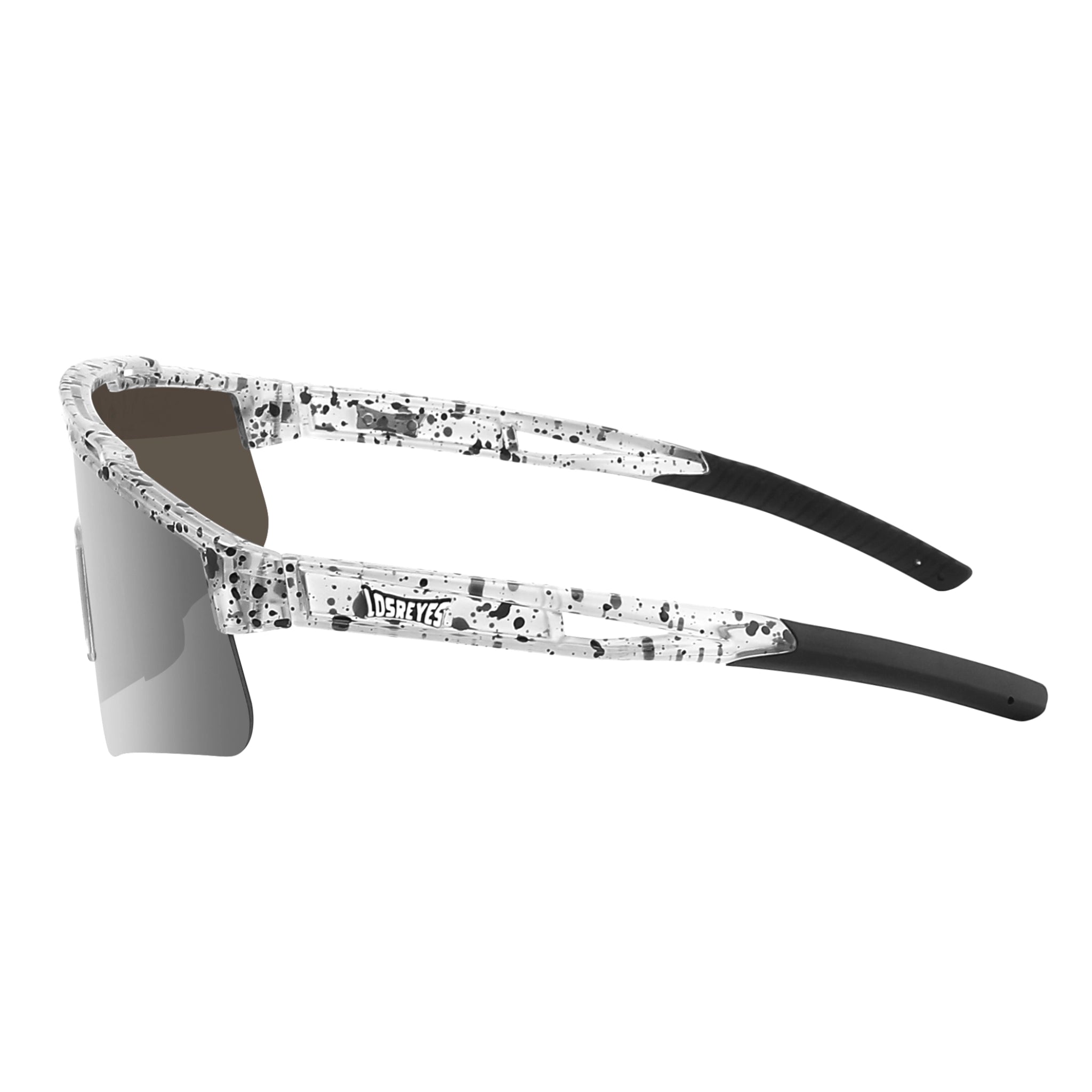 Side view of LosReyes Prime Youth Cookie kids’ sports sunglasses with black and white speckled arms, UV400 shield lens, and lightweight ergonomic frame for youth athletes.