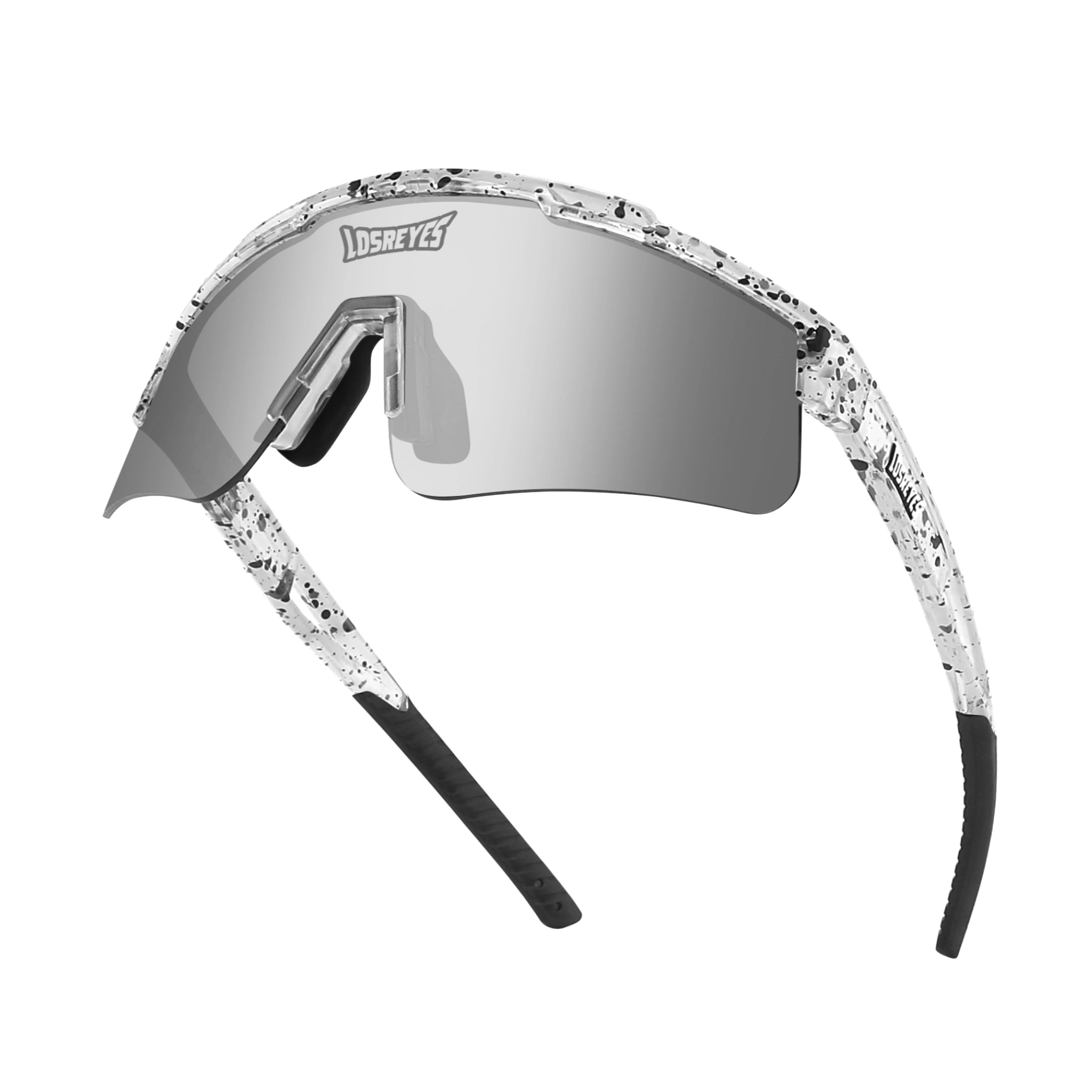 Hero view of LosReyes Prime Youth Cookie mirrored performance sports sunglasses with UV400 protection, lightweight speckled frame, and wide wraparound coverage for kids.