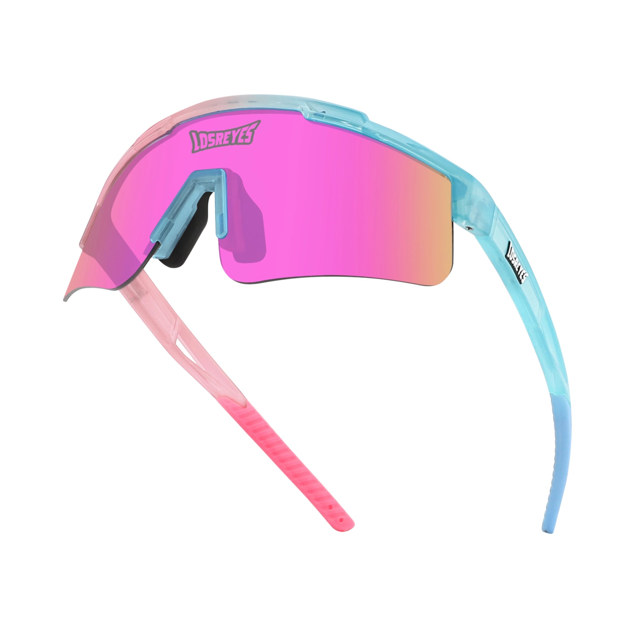 Hero angle of LosReyes Prime Youth Cotton Candy pink mirrored performance sports sunglasses with wraparound fit, UV400 protection, and lightweight shield lens for youth athletes.