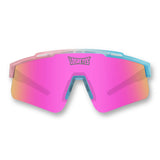Front view of LosReyes Prime Youth Cotton Candy pink mirrored sports sunglasses featuring shield lens, wraparound frame, and UV400 sun protection for kids.