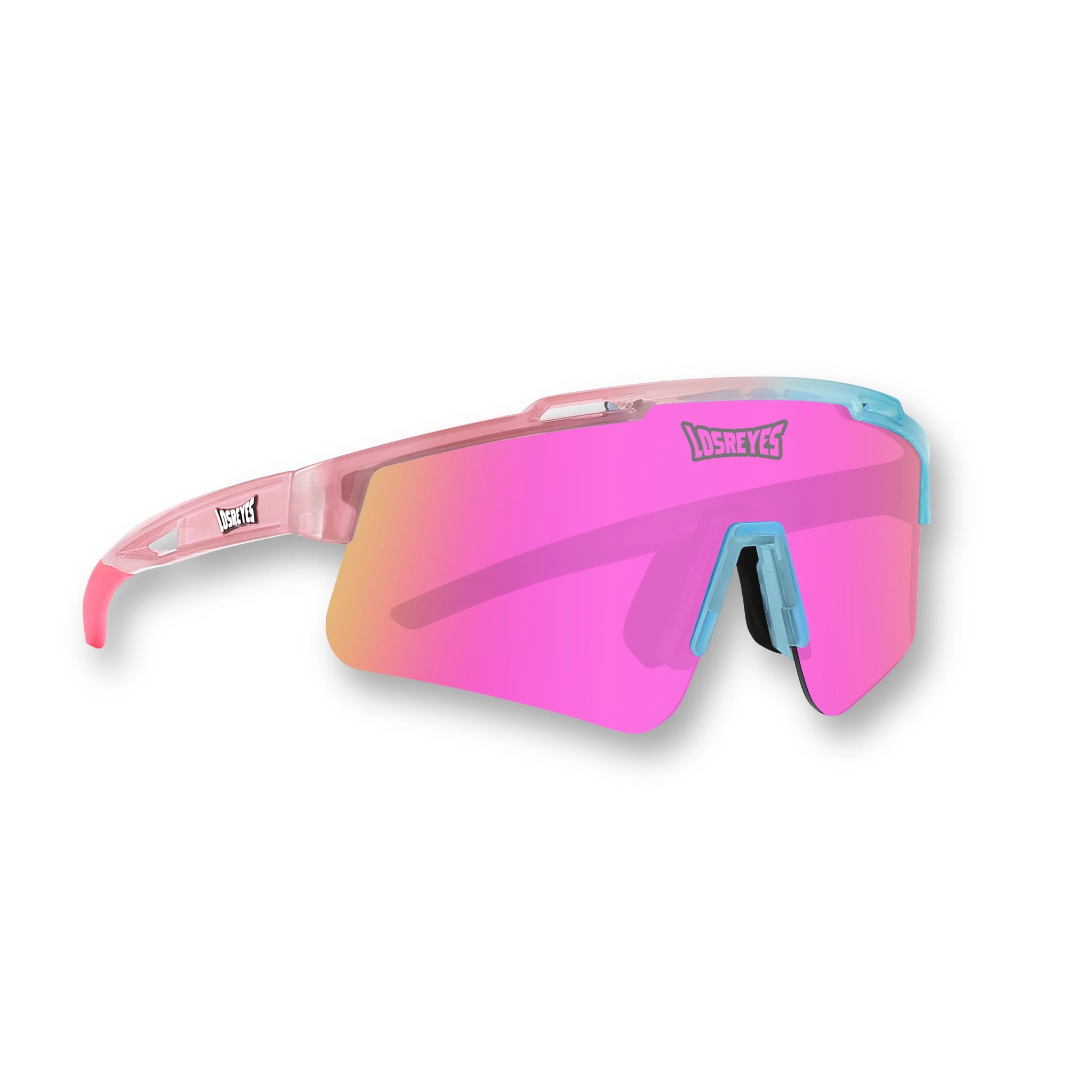Side hero angle of LosReyes Prime Youth Cotton Candy sunglasses with a pink and blue frame, vibrant mirrored shield lens, and UV400 protection — designed for active kids, youth sports, and standout athletic fashion
