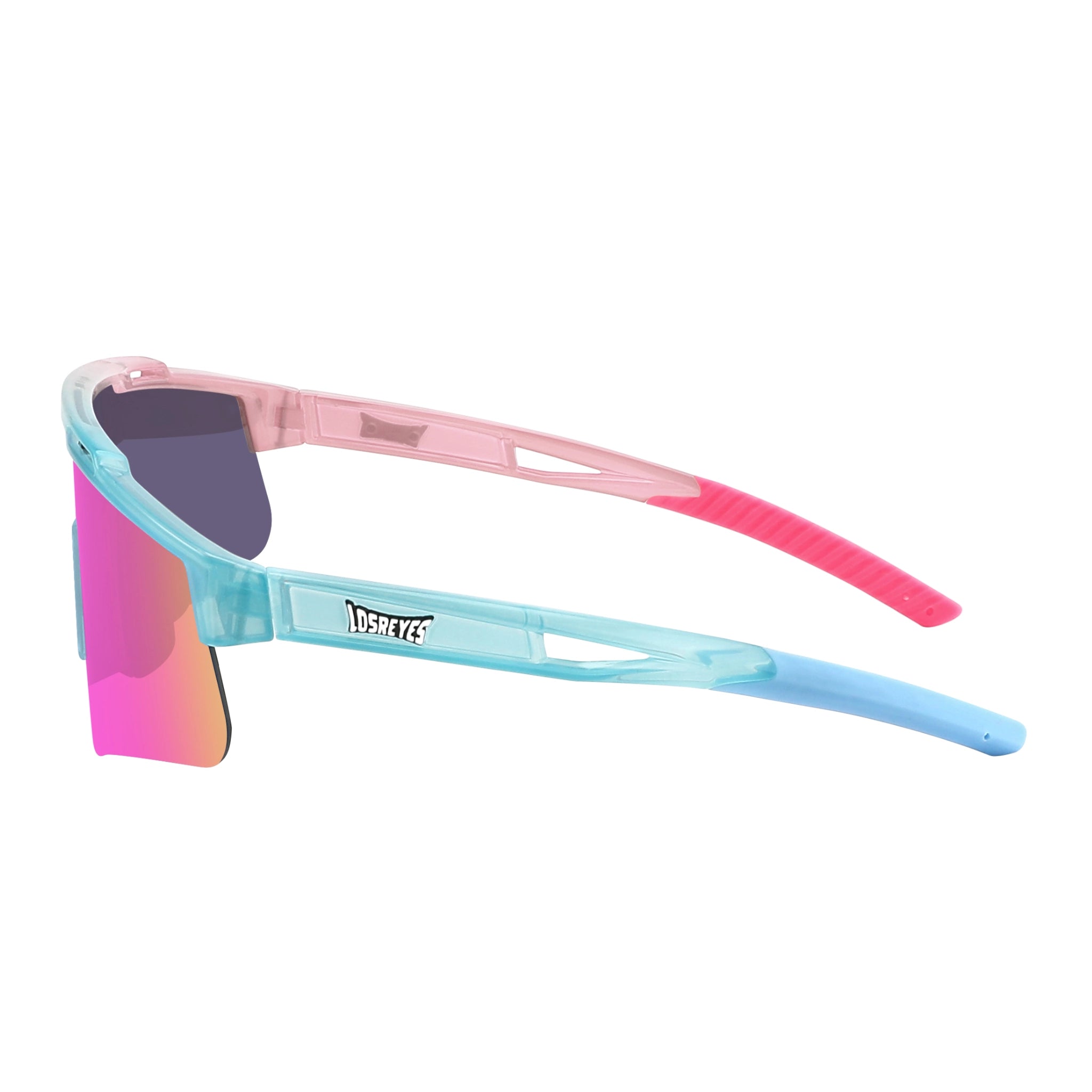 Side view of LosReyes Prime Youth Cotton Candy wraparound sports sunglasses for kids, featuring UV400 mirrored lens, lightweight comfort fit, and aerodynamic frame design.