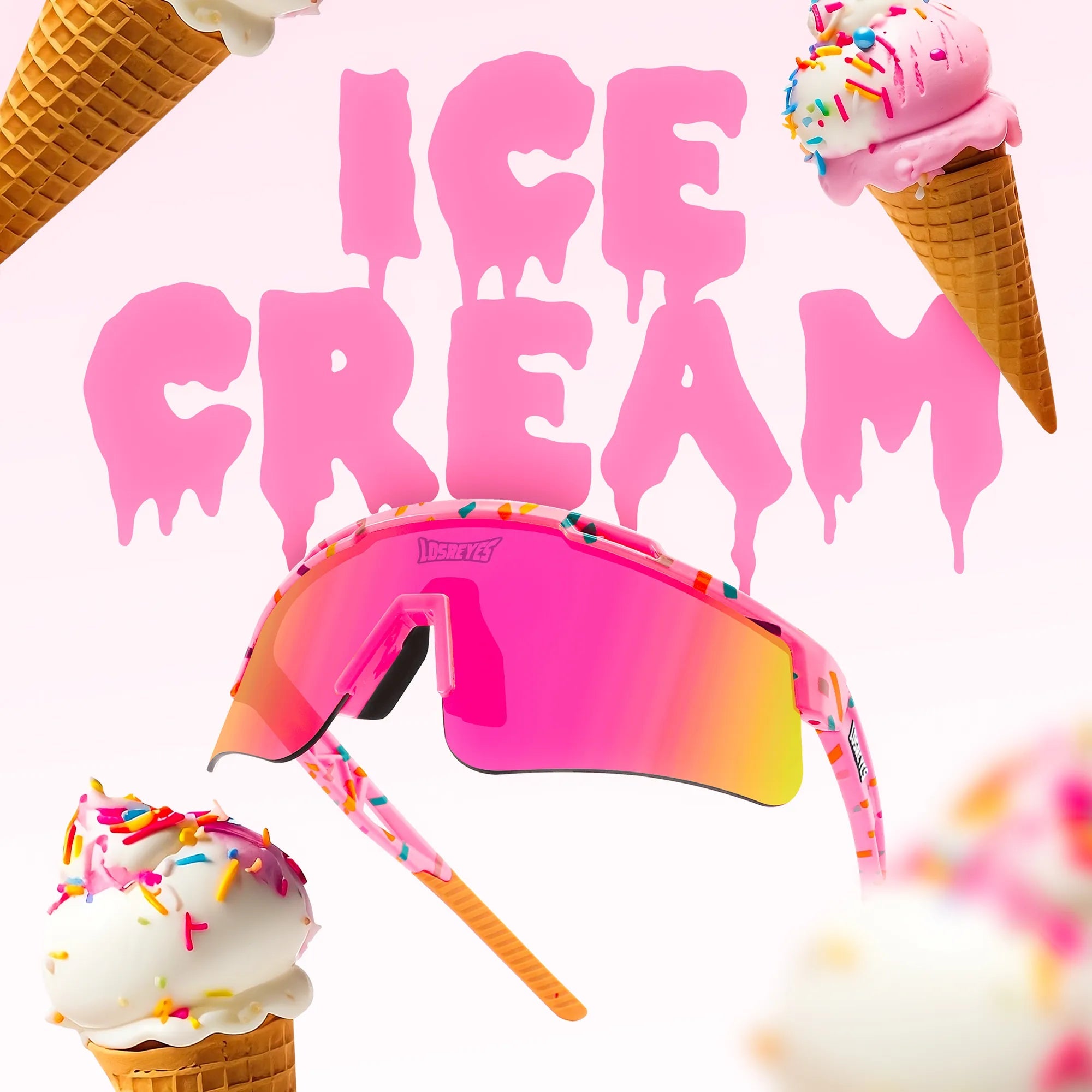 LosReyes Prime Youth “Ice Cream” sunglasses with a sprinkle-pattern frame and pink-yellow mirror lens, ideal for biking, playground sports, and beach days. Anti-scratch lens, rubberized temple tips, and UV400 sun protection.