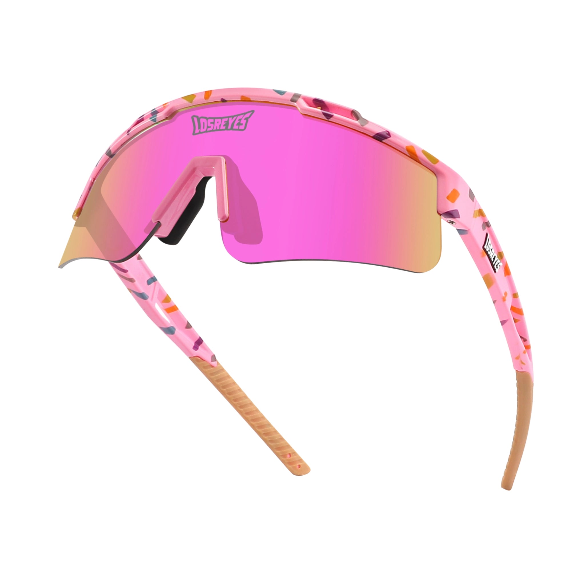 Hero angle of LosReyes Prime Youth Cream performance sunglasses with pink mirror lens, sprinkles-inspired pastel design, UV400 protection, and impact-resistant wraparound shield for kids.