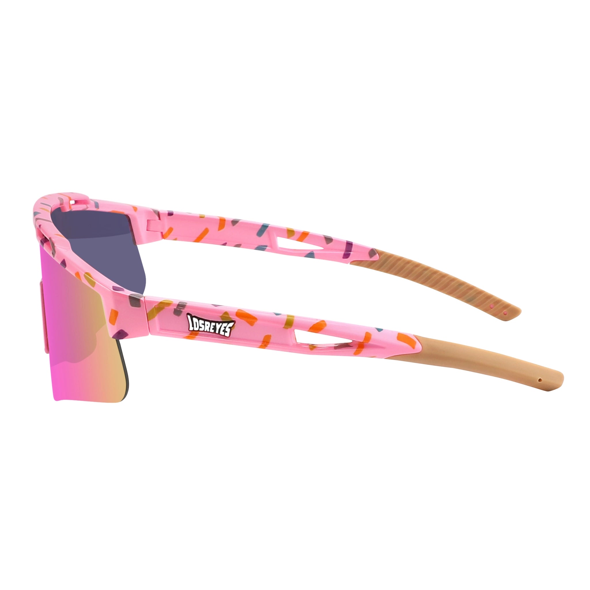 Side view of LosReyes Prime Youth Cream wraparound sunglasses with mirrored pink shield lens, sprinkles-themed pastel frame, and durable UV400 coverage designed for young athletes.