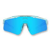 Front view of LosReyes Prime Youth Ice Cube blue sports sunglasses featuring blue mirrored shield lenses, transparent ice-blue frame, and UV400 protection.