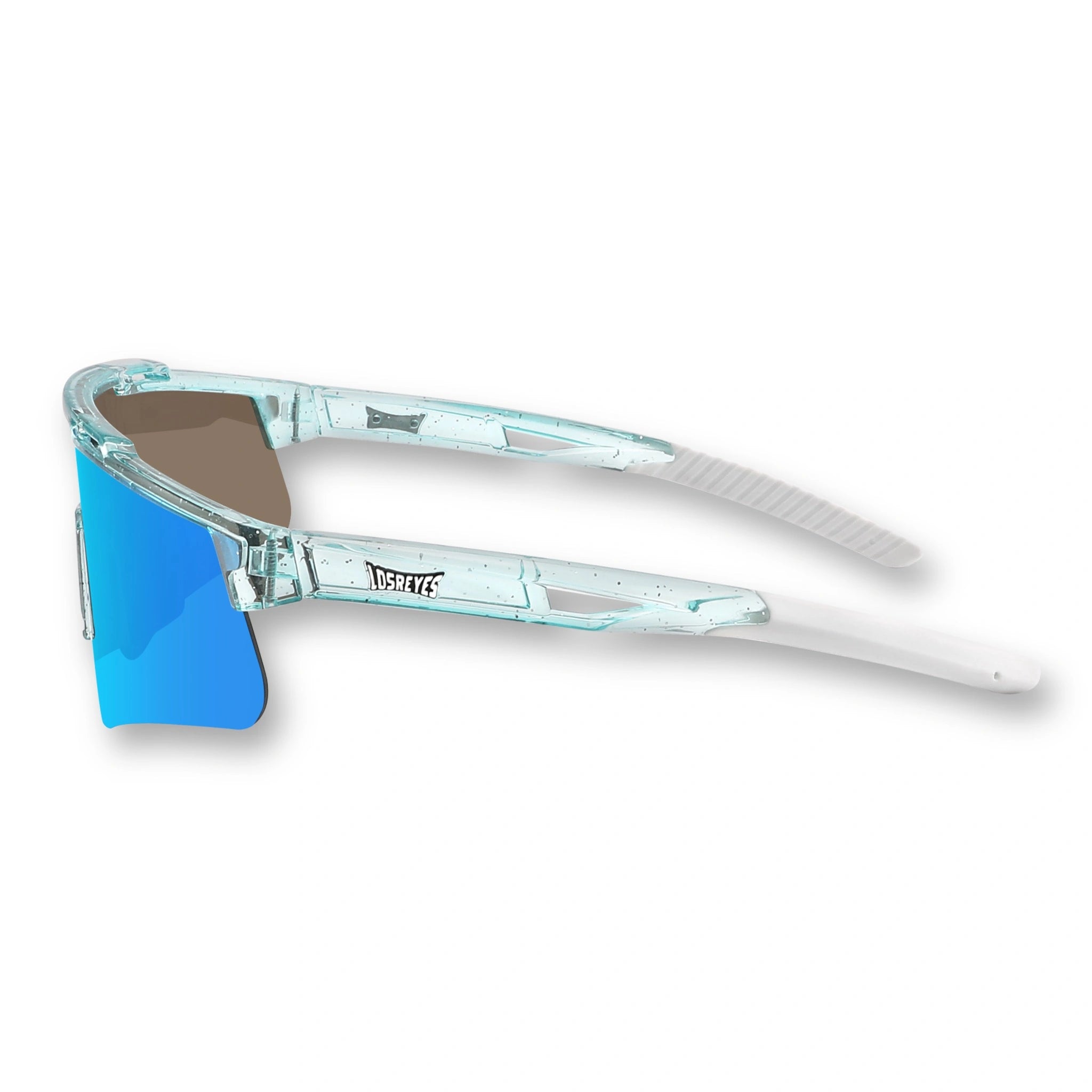 Side view of LosReyes Prime Youth Ice Cube blue shield-lens sports sunglasses showcasing wraparound design, semi-clear icy frame, and high-performance UV400 eye protection.
