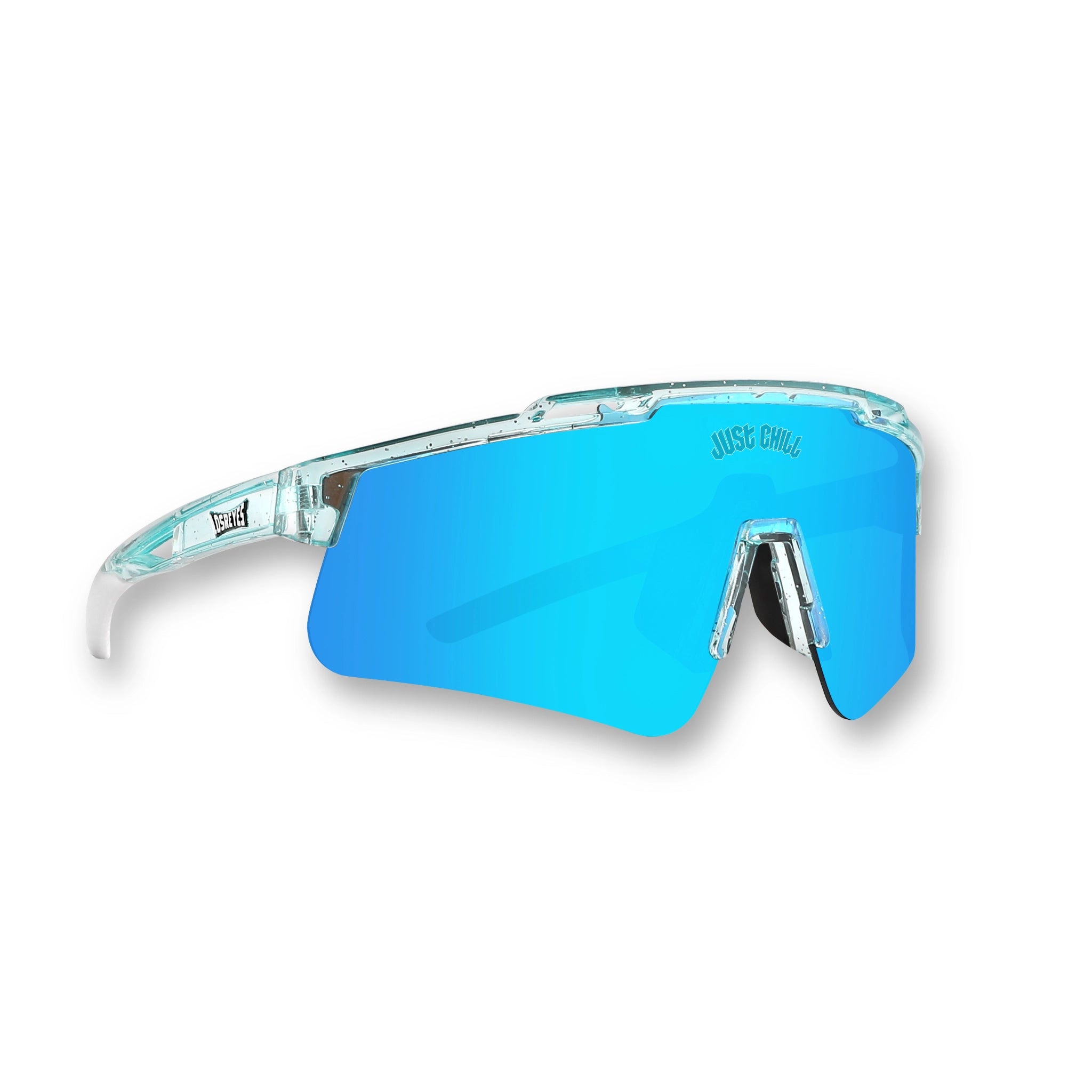 Side angle of LosReyes Prime Youth Ice Cube sunglasses with transparent glacier-clear wraparound frame, icy blue mirrored shield lens, and ‘Just Chill’ detailing — built for UV400 sun protection and high-performance youth sports style