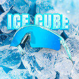 LosReyes Prime Youth “Ice Cube” kids’ sports sunglasses with a translucent ice-blue frame and blue mirror lens, built for baseball, flag football, and trail hiking. Features removable shield lens, shatter-resistant build, and sweat-friendly rubber tips.