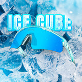 Hero lifestyle view of LosReyes Prime Youth Ice Cube sports sunglasses featuring mirrored blue wraparound shield lens, clear glacier ice frame, and UV400 protection, set on an ice-themed backdrop for a bold and refreshing look.