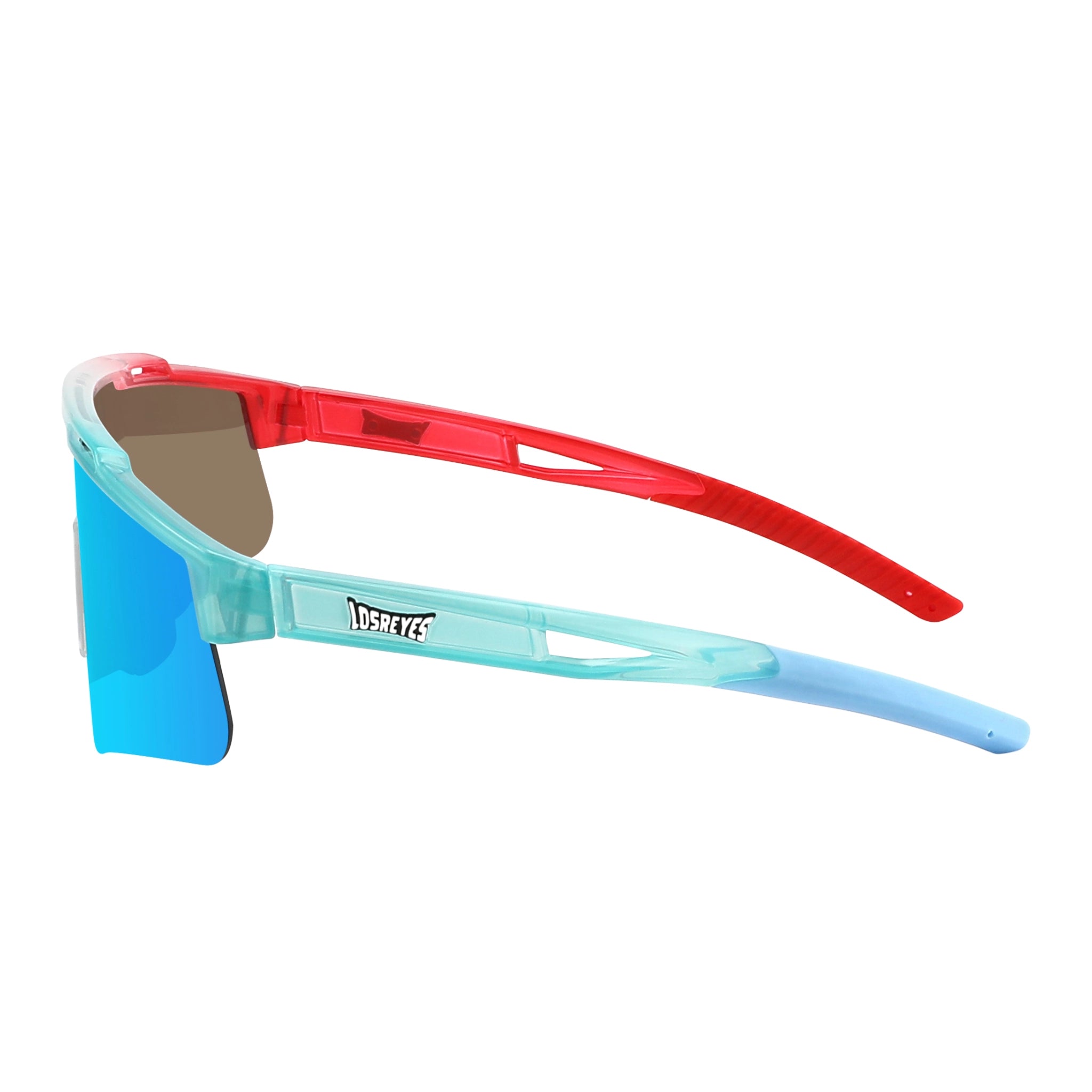 Side view of LosReyes Prime Youth Rocket Pop performance sports sunglasses with red and aqua wrap frame, wide field mirrored lens, and youth-fit flexible temples built for durability and UV400 defense.