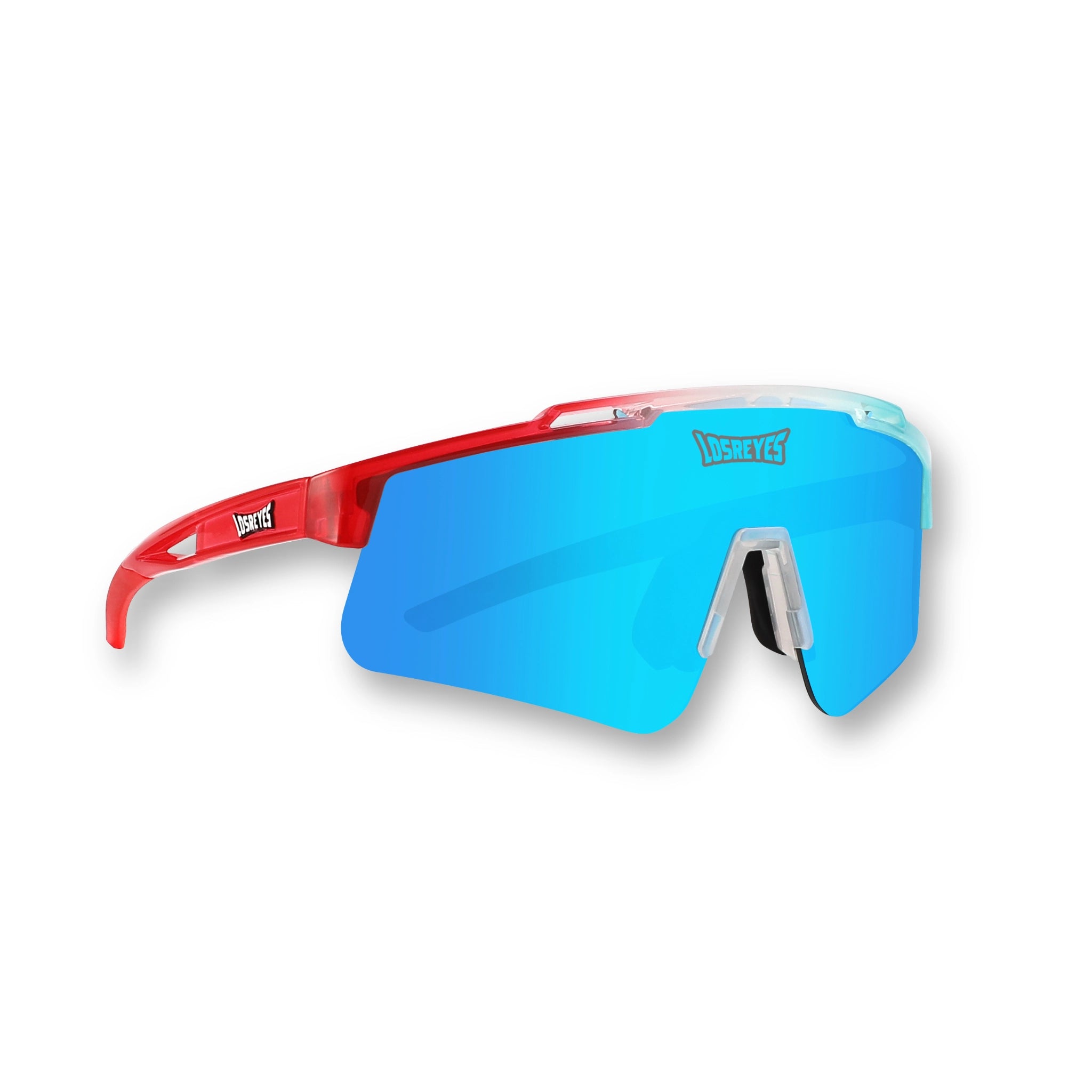 Hero angle of LosReyes Prime Youth Rocket Pop sunglasses showcasing vibrant red, white, and blue wraparound frame with bold blue mirrored shield lens, engineered for UV400 protection and high-energy sports like youth baseball, cycling, and outdoor performance