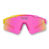 Front view of LosReyes Prime Youth Strawberry Banana pink and yellow sports sunglasses featuring mirrored shield lenses, dual-tone wraparound frame, and UV400 protection for kids