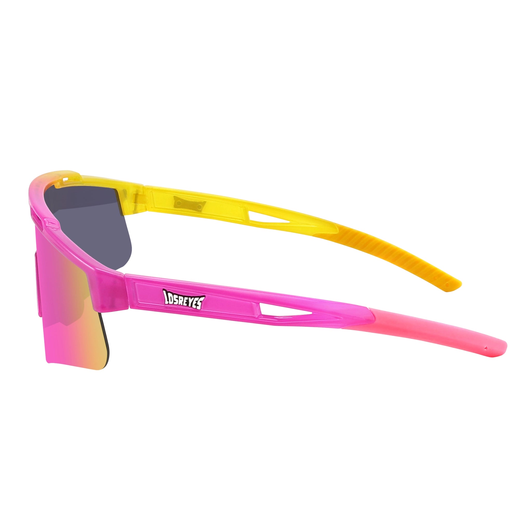 Side view of LosReyes Prime Youth Strawberry Banana sports sunglasses with wraparound pink and yellow frame, mirrored shield lens, and lightweight UV400 protection for active youth