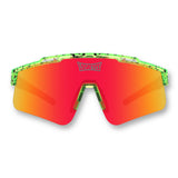 Front view of LosReyes Prime Youth Watermelon red mirrored sports sunglasses featuring UV400 shield lenses, green speckled wraparound frame, and lightweight design for active kids.