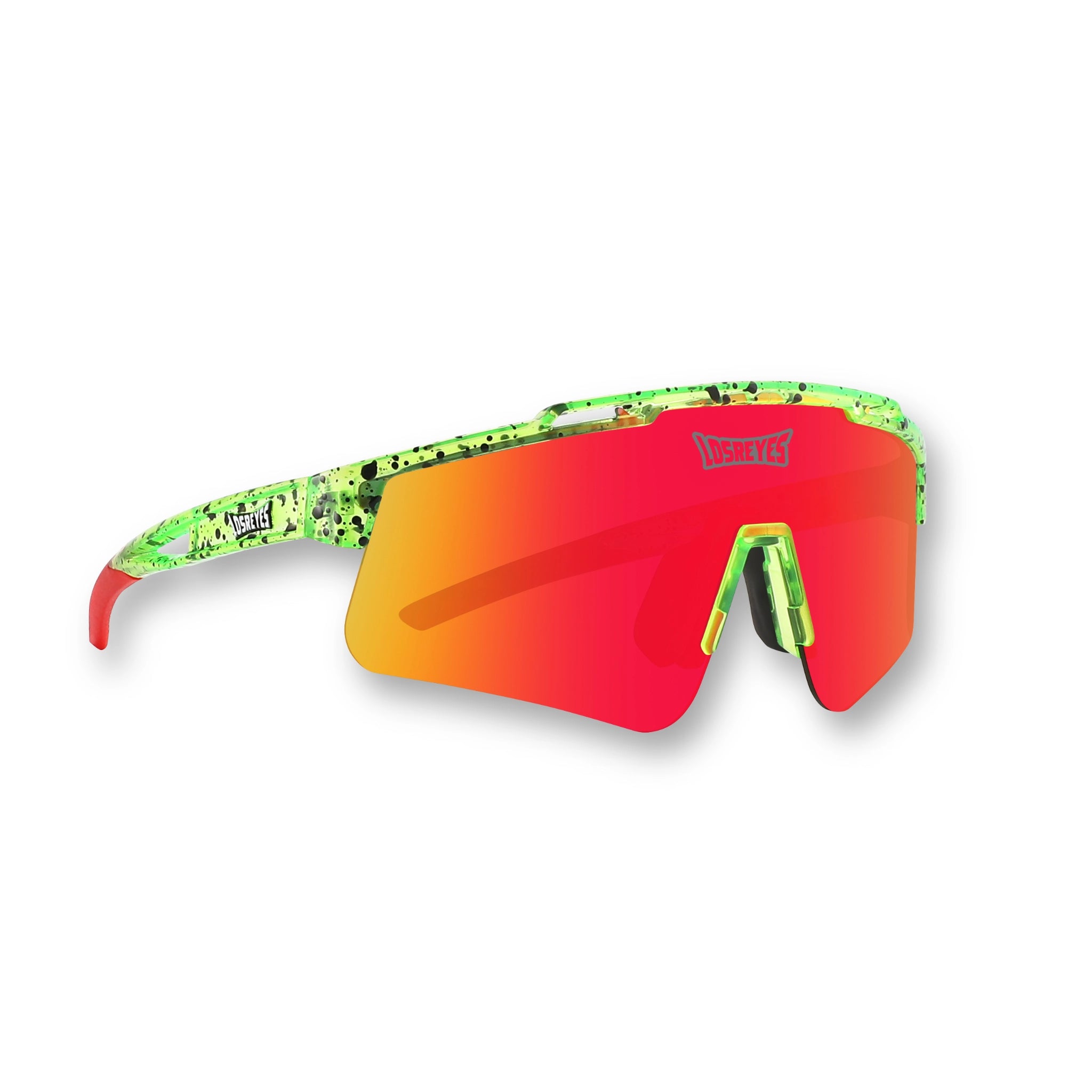 Side angle of LosReyes Prime Youth Watermelon sunglasses with red-orange mirrored shield lens, neon green speckled wraparound frame, UV400 protection, and bold youth athletic performance design ideal for baseball, cycling, and outdoor sports