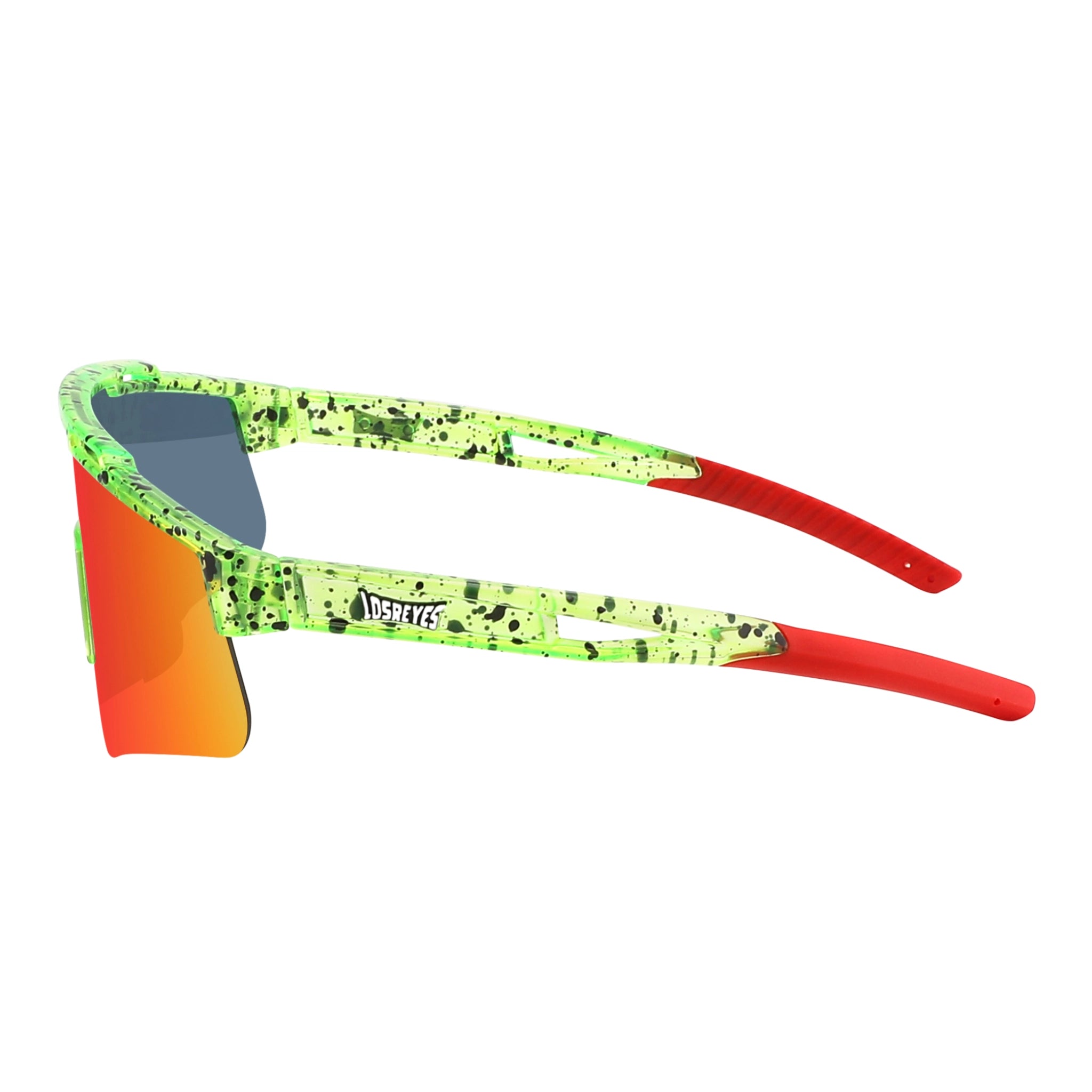 Side view of LosReyes Prime Youth Watermelon wraparound sports sunglasses for kids, featuring red mirrored shield lens, green and red splatter frame, and full UV400 eye protection.