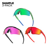 LosReyes Sample 3-Pack featuring one pair of Prime Galaxy sports sunglasses, one pair of Elevate Red performance sunglasses, and one pair of Polarized Black sports sunglasses — all with wraparound shield lenses, UV400 protection, and athletic fit for high-performance use in training, baseball, and outdoor activity.