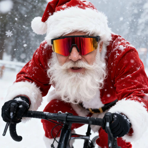 Santa Claus riding a bike wearing red LosReyes performance sunglasses — sporty Christmas eyewear gift idea.